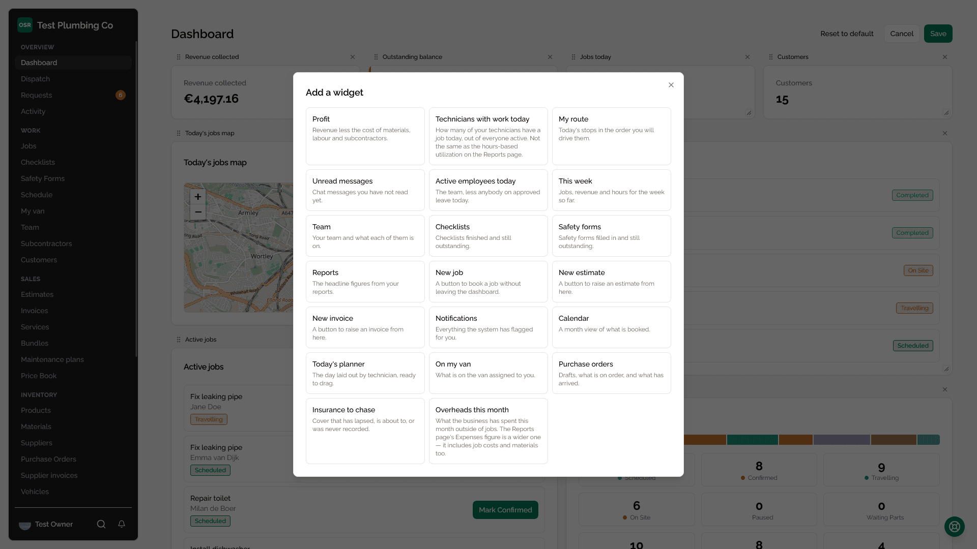 The dashboard in edit mode, showing drag handles, resize corners, the remove buttons and the Add widget picker.
