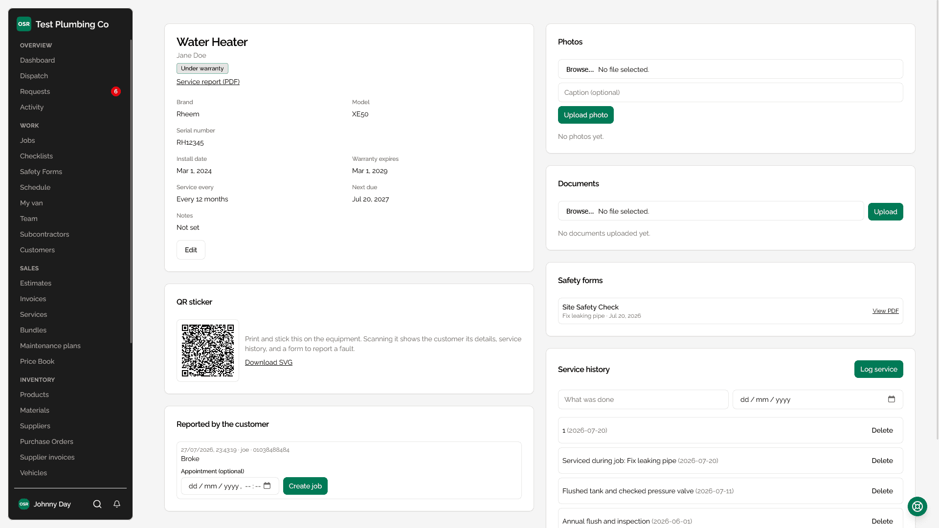 An asset page: details, QR sticker, reported faults, service history and the safety forms filed against it.