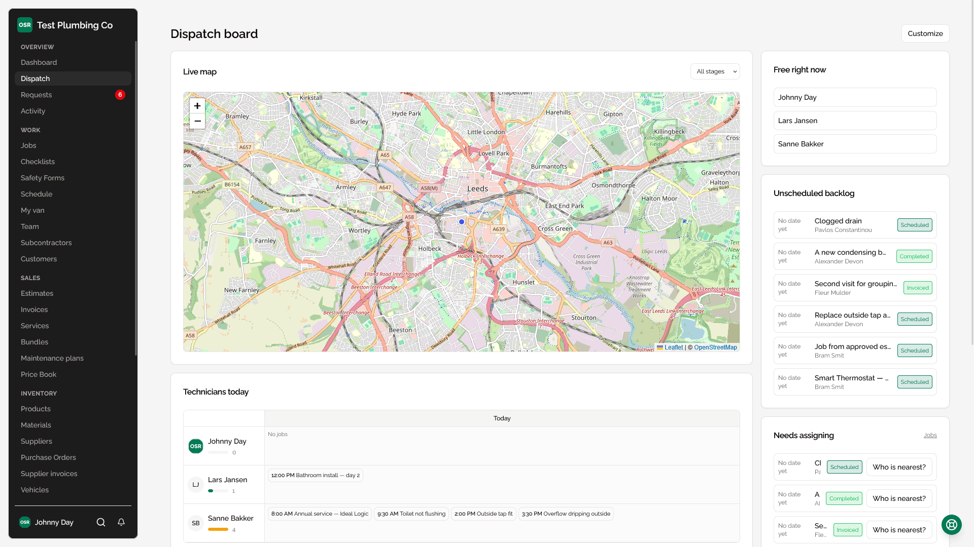 The dispatch board's map, with unassigned jobs and current technician positions.