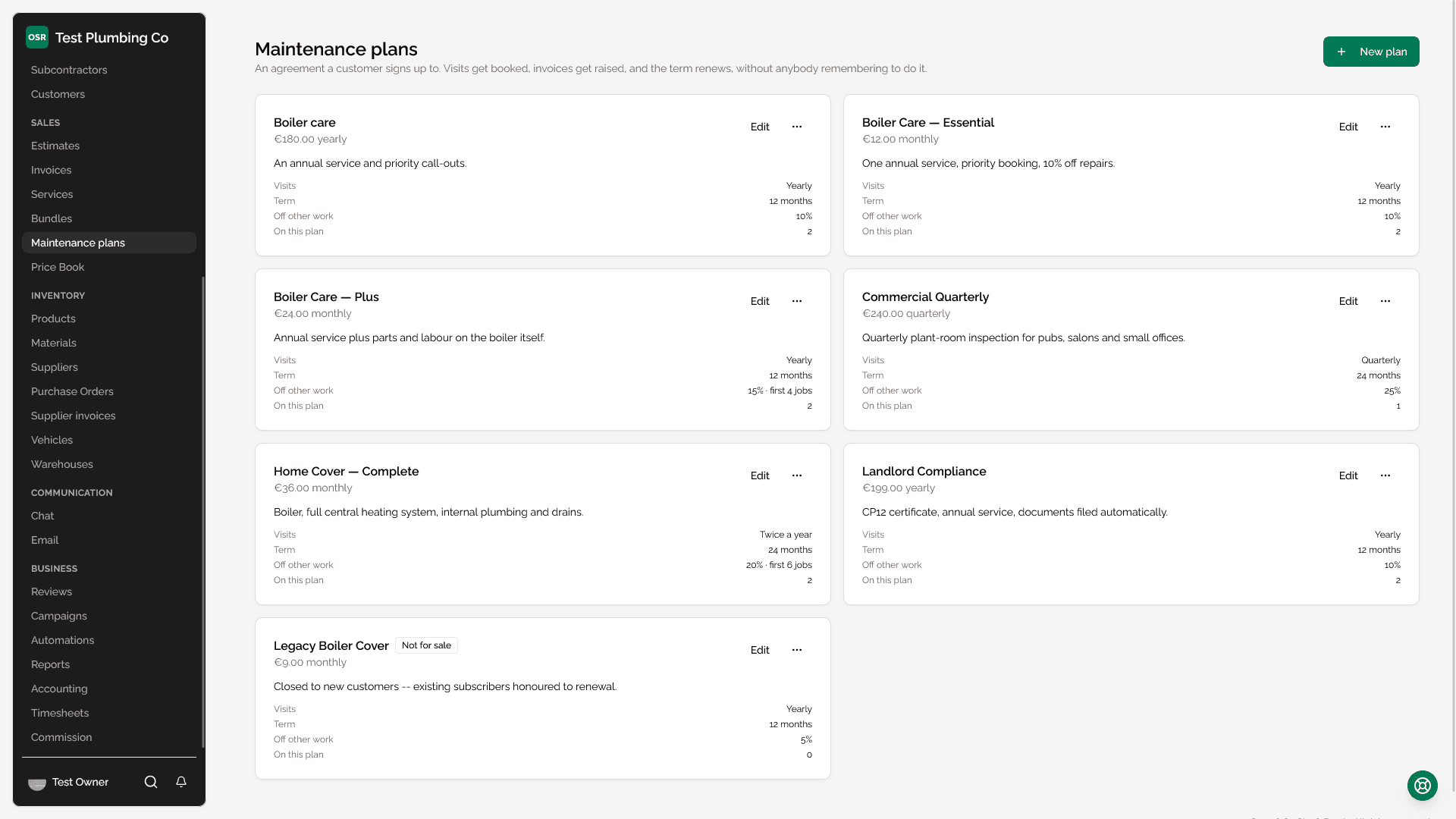The plan catalogue, with price, billing interval, visit frequency and how many customers are on each.