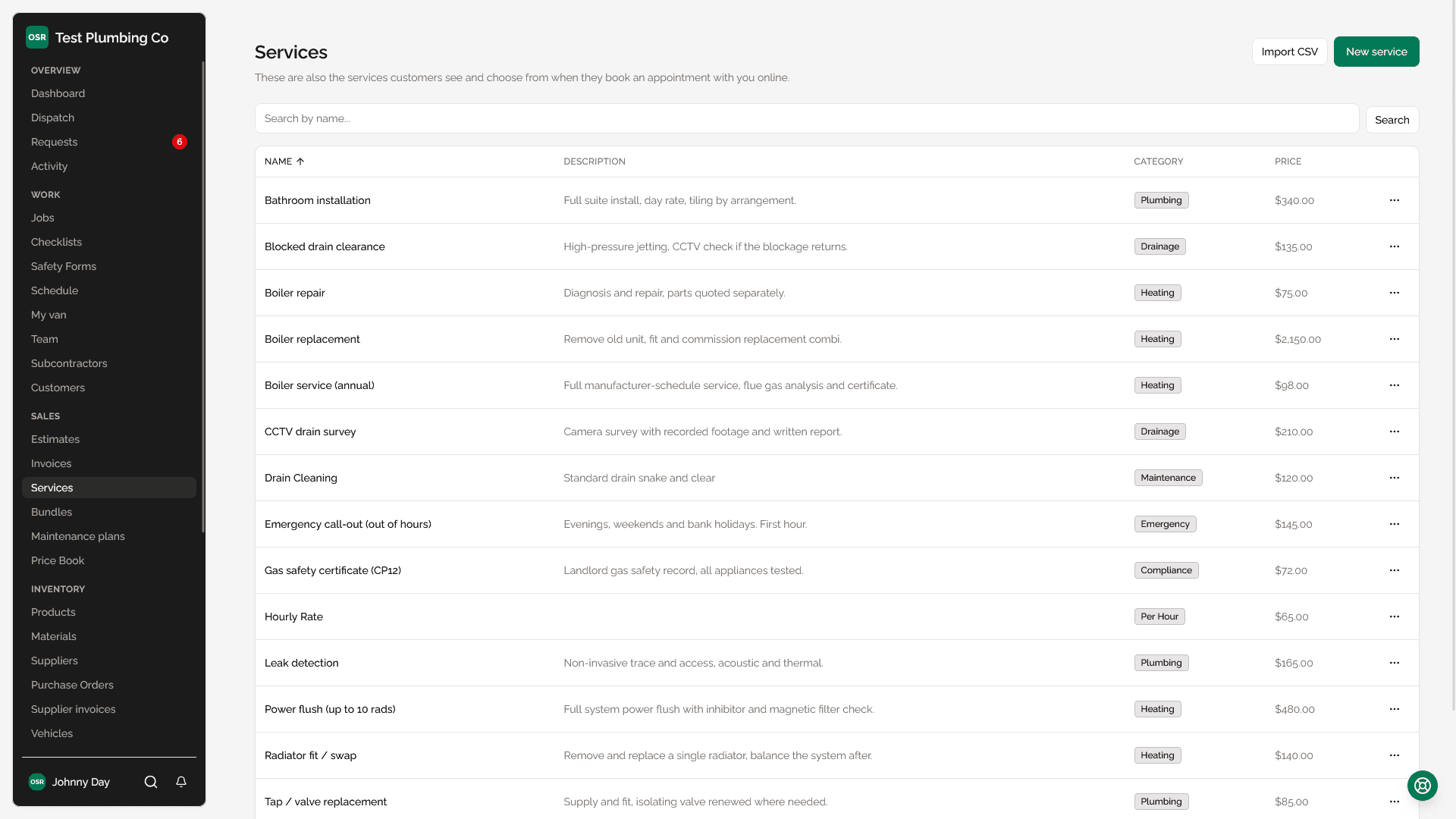 The services list with name, price and active status, and the row menu for editing or deactivating one.