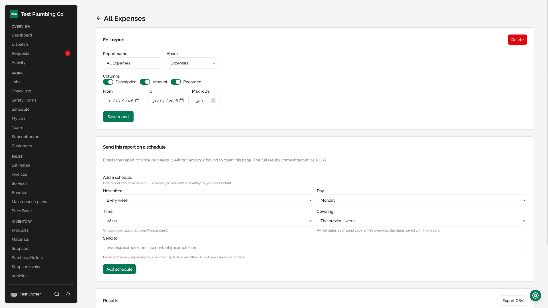 The custom report builder showing source and column pickers, a grouping selector, and the resulting grouped report with its bar chart above the table.