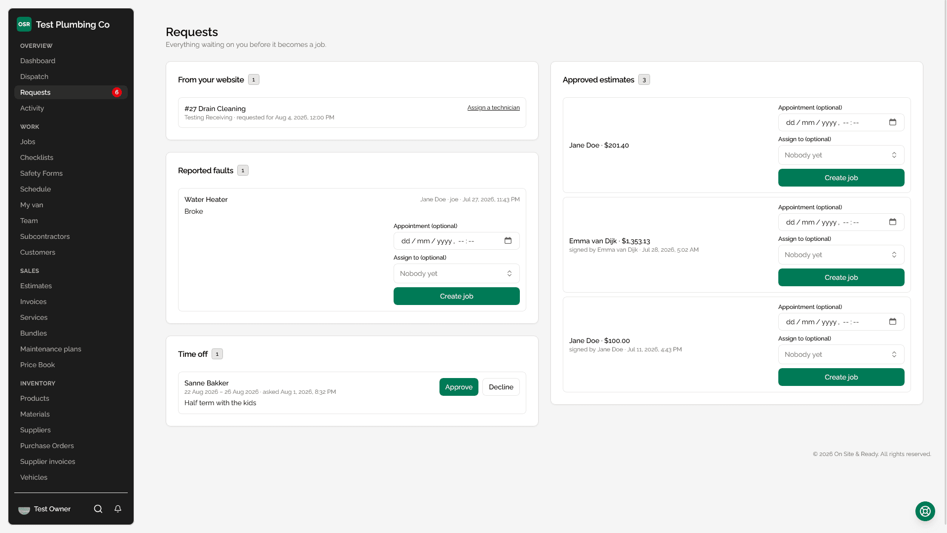 The requests inbox, grouped by where each item came from.