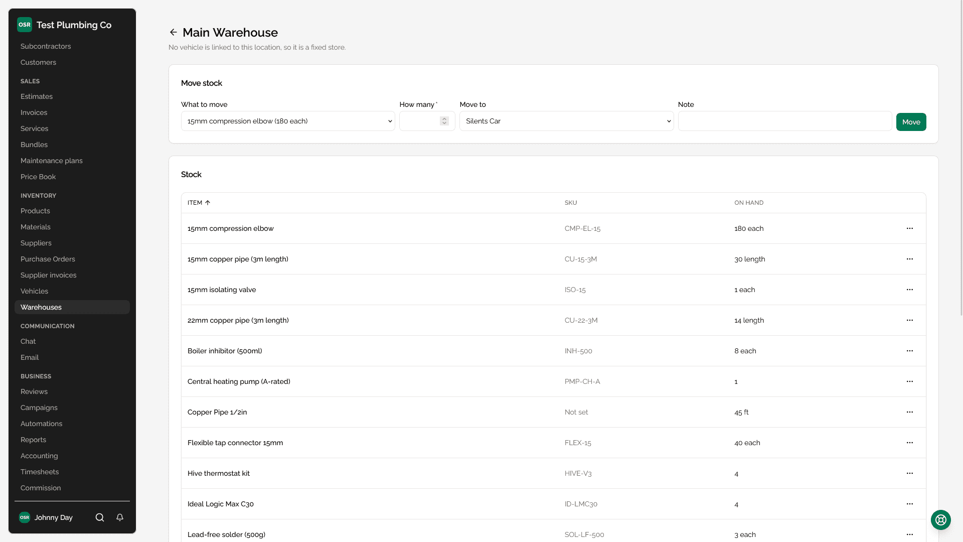 A warehouse detail page listing every item held there with its quantity, sortable by quantity so what is nearly out sits at the top.